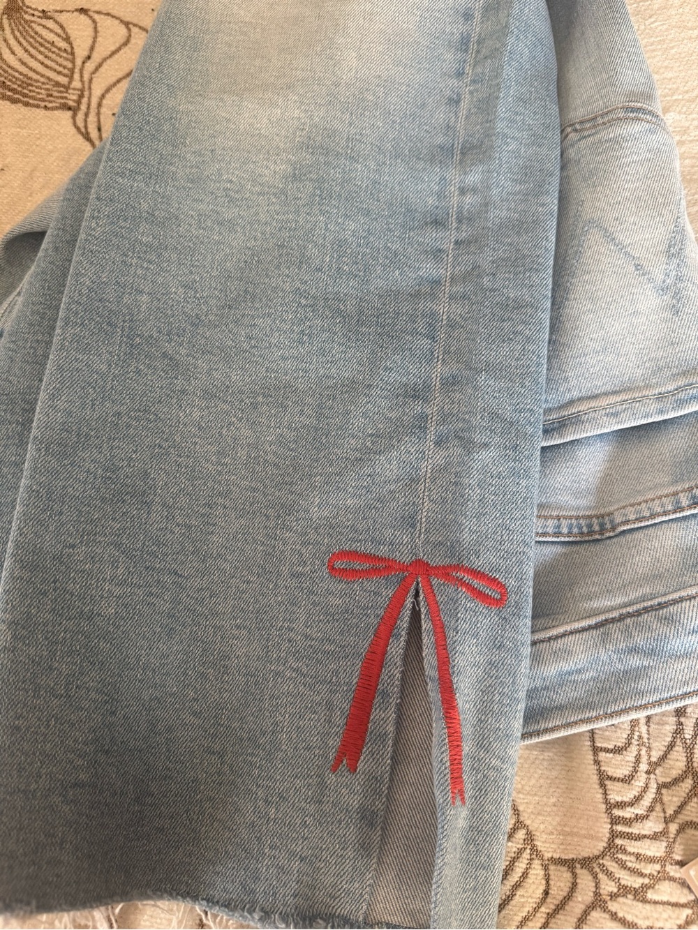 MOTHER Light Blue Wide-Leg Jeans with Red Bow Detail - Picture 2 of 5